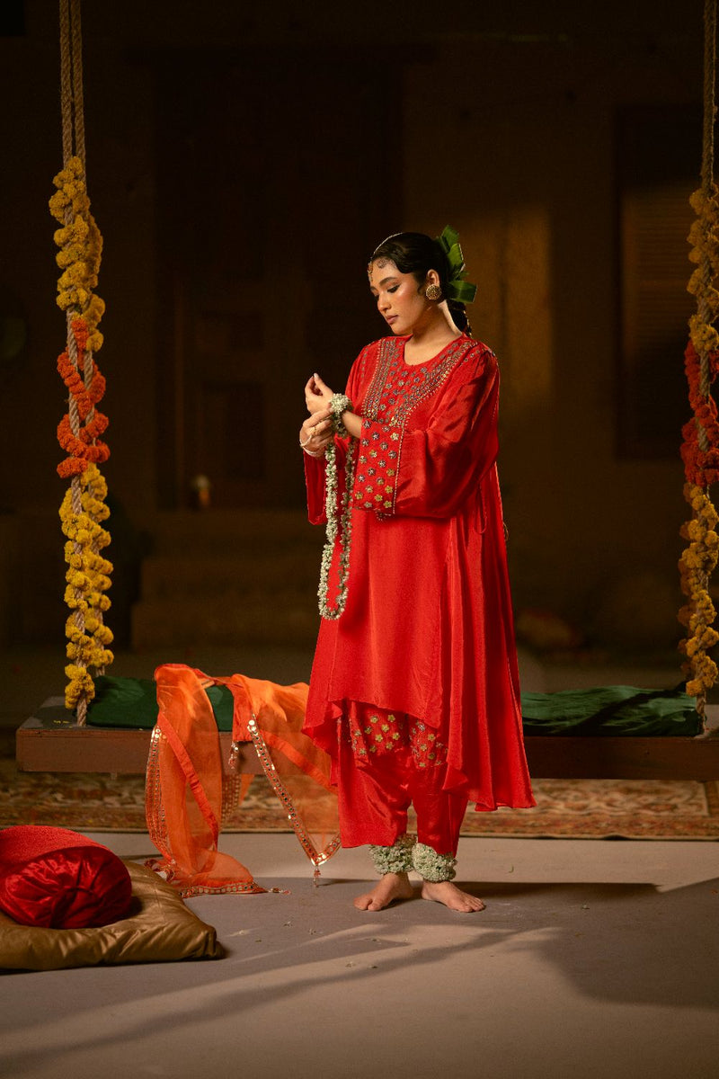 Ramani Asymmetrical Choga with Salwar- Red silk by PRAHNAAYA in red color for women Worldwide