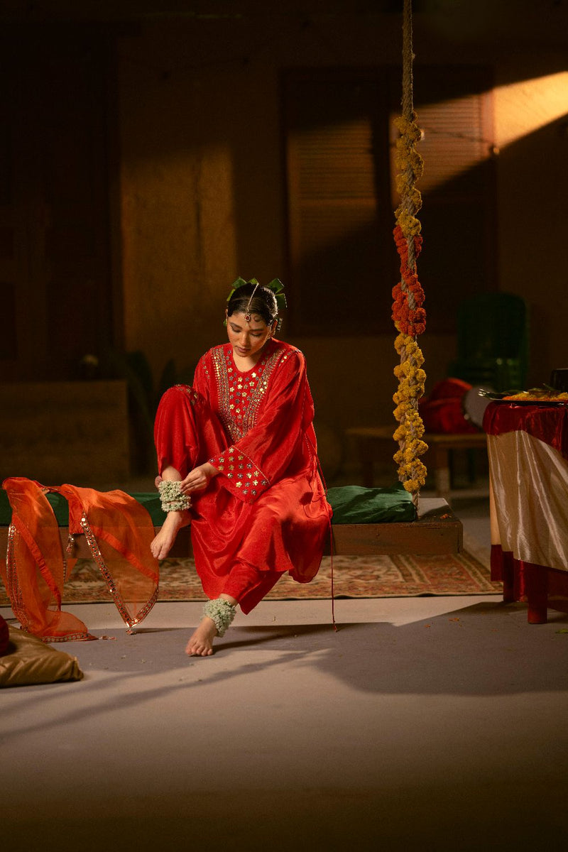 Ramani Asymmetrical Choga with Salwar- Red silk by PRAHNAAYA in red color for women Worldwide
