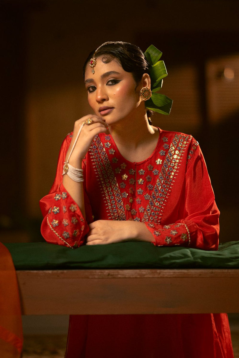 Ramani Asymmetrical Choga with Salwar- Red silk by PRAHNAAYA in red color for women Worldwide