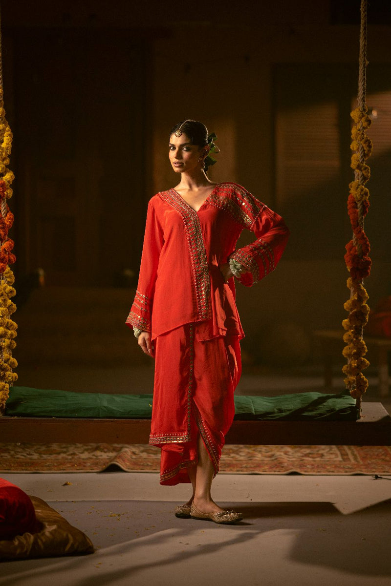 Ramani Tunic Jacket with Pleated Skirt- Red silk by PRAHNAAYA in red color for women Worldwide