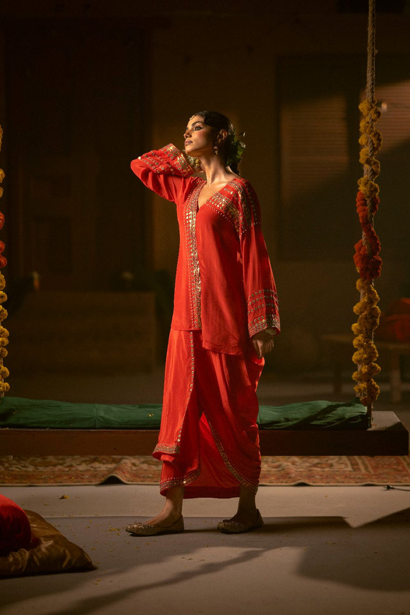Ramani Tunic Jacket with Pleated Skirt- Red silk by PRAHNAAYA in red color for women Worldwide