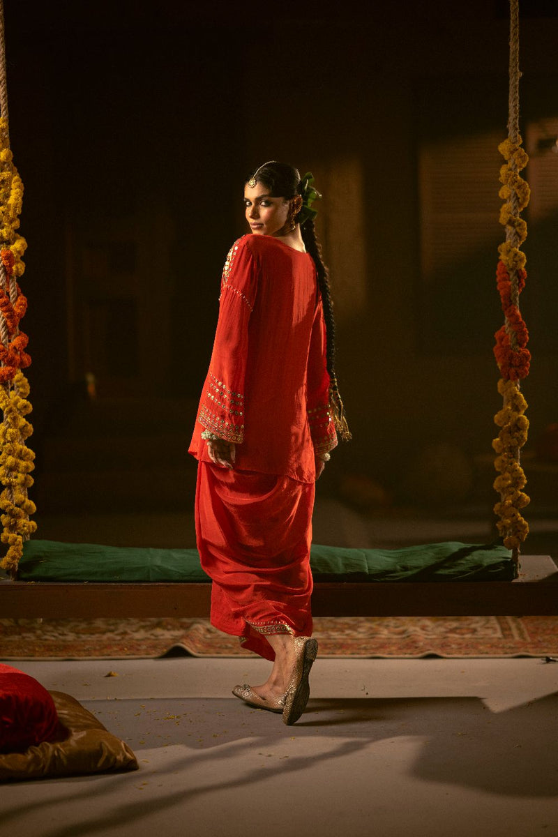 Ramani Tunic Jacket with Pleated Skirt- Red silk by PRAHNAAYA in red color for women Worldwide