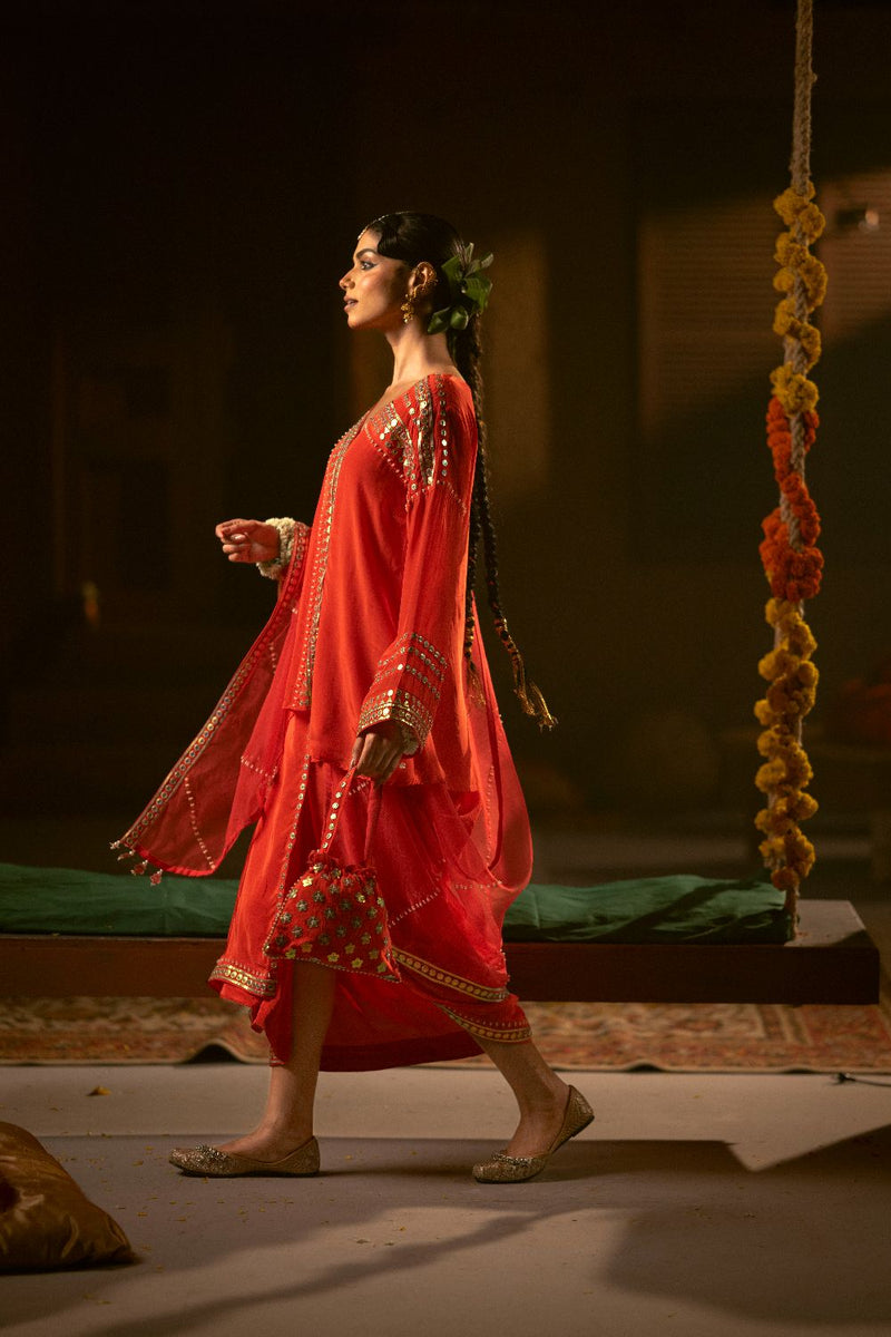 Ramani Tunic Jacket with Pleated Skirt & Dupatta- Red silk by PRAHNAAYA in red color for women Worldwide