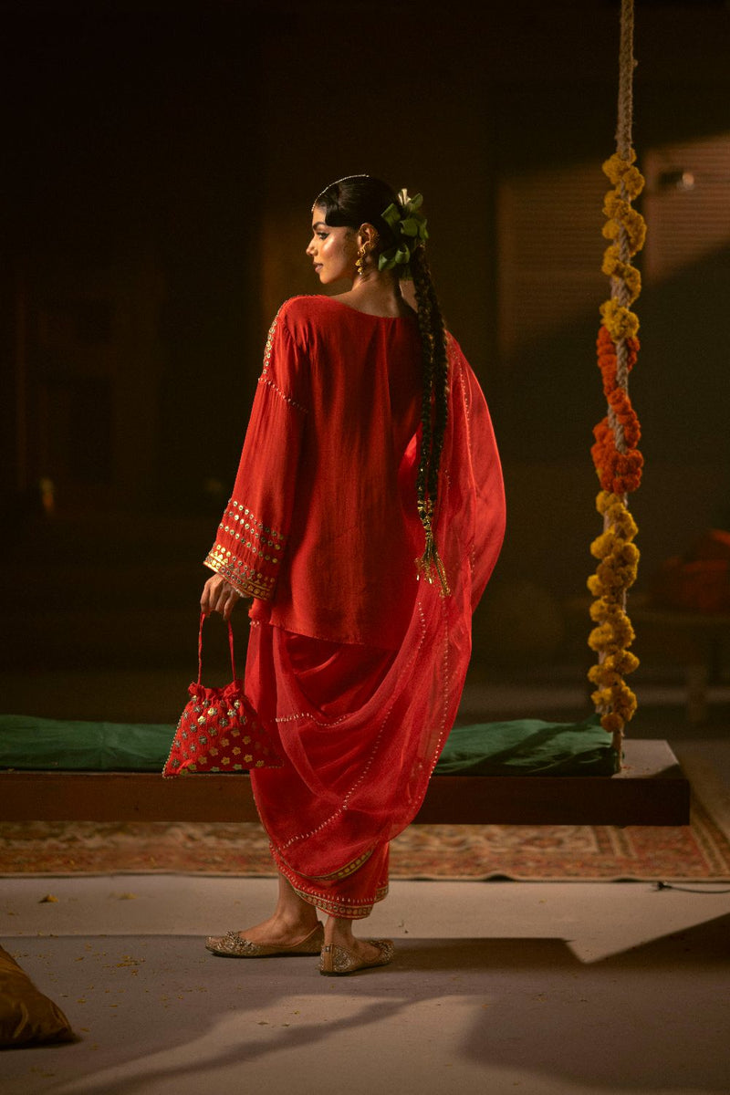 Ramani Tunic Jacket with Pleated Skirt & Dupatta- Red silk by PRAHNAAYA in red color for women Worldwide