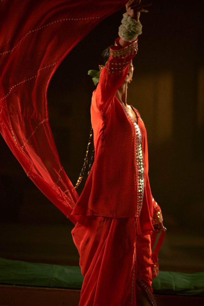 Ramani Tunic Jacket with Pleated Skirt & Dupatta- Red silk by PRAHNAAYA in red color for women Worldwide