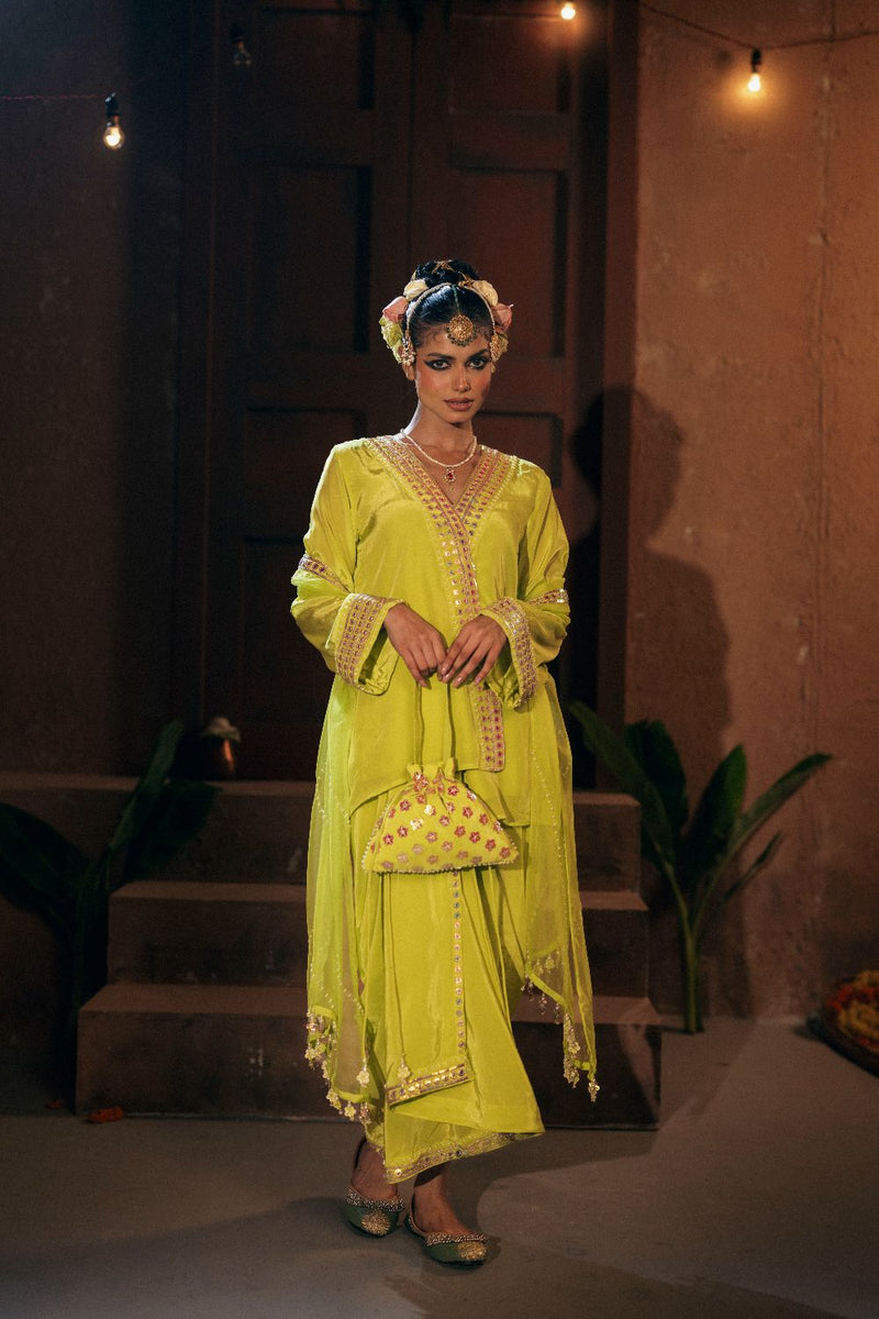 Veere Tunic Jacket with Pleated Skirt and Dupatta- Sublime Neon silk by PRAHNAAYA in neon color for women Worldwide