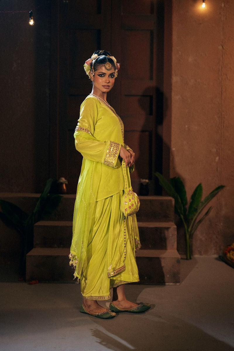 Veere Tunic Jacket with Pleated Skirt and Dupatta- Sublime Neon silk by PRAHNAAYA in neon color for women Worldwide