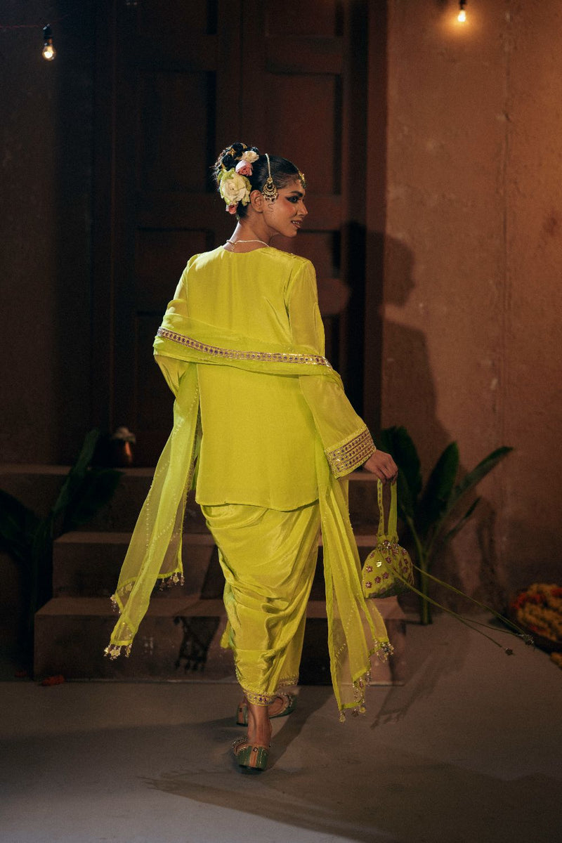 Veere Tunic Jacket with Pleated Skirt and Dupatta- Sublime Neon silk by PRAHNAAYA in neon color for women Worldwide