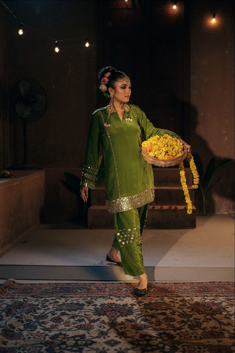 Sunira Phool Salwar Kameez Dupatta Set- Mehendi silk by PRAHNAAYA for women Worldwide