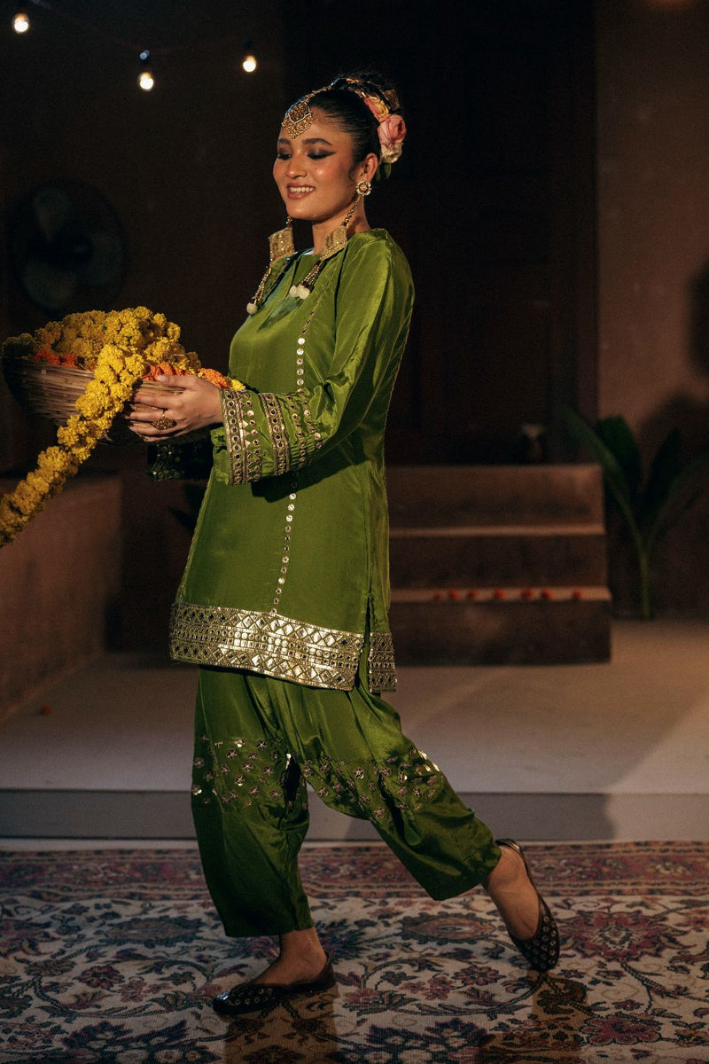 Sunira Phool Salwar Kameez Dupatta Set- Mehendi silk by PRAHNAAYA for women Worldwide