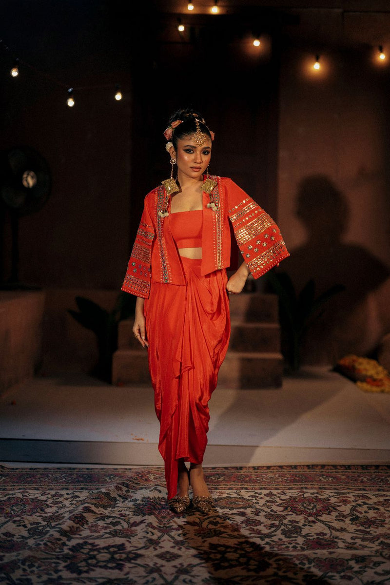 Ramani Crop Jacket Cape Set- Red silk by PRAHNAAYA in red color for women Worldwide