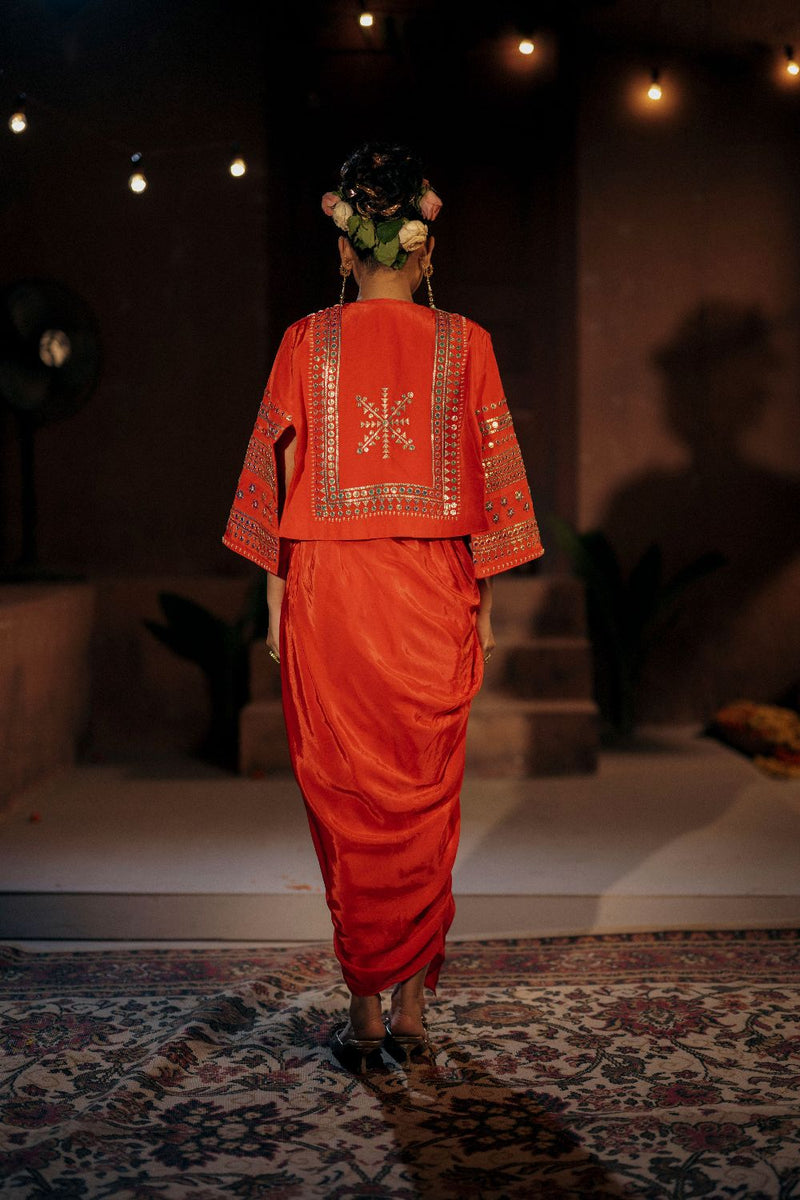 Ramani Crop Jacket Cape Set- Red silk by PRAHNAAYA in red color for women Worldwide