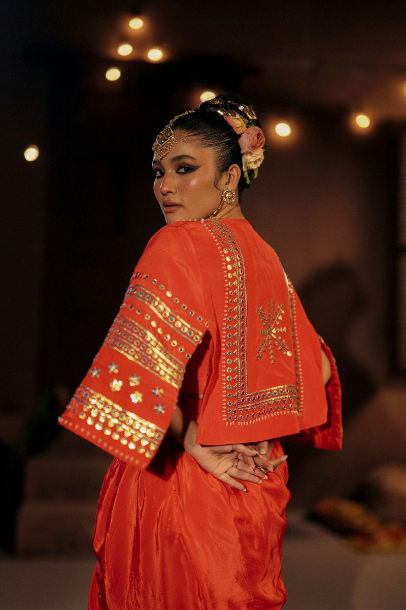 Ramani Crop Jacket Cape Set- Red silk by PRAHNAAYA in red color for women Worldwide