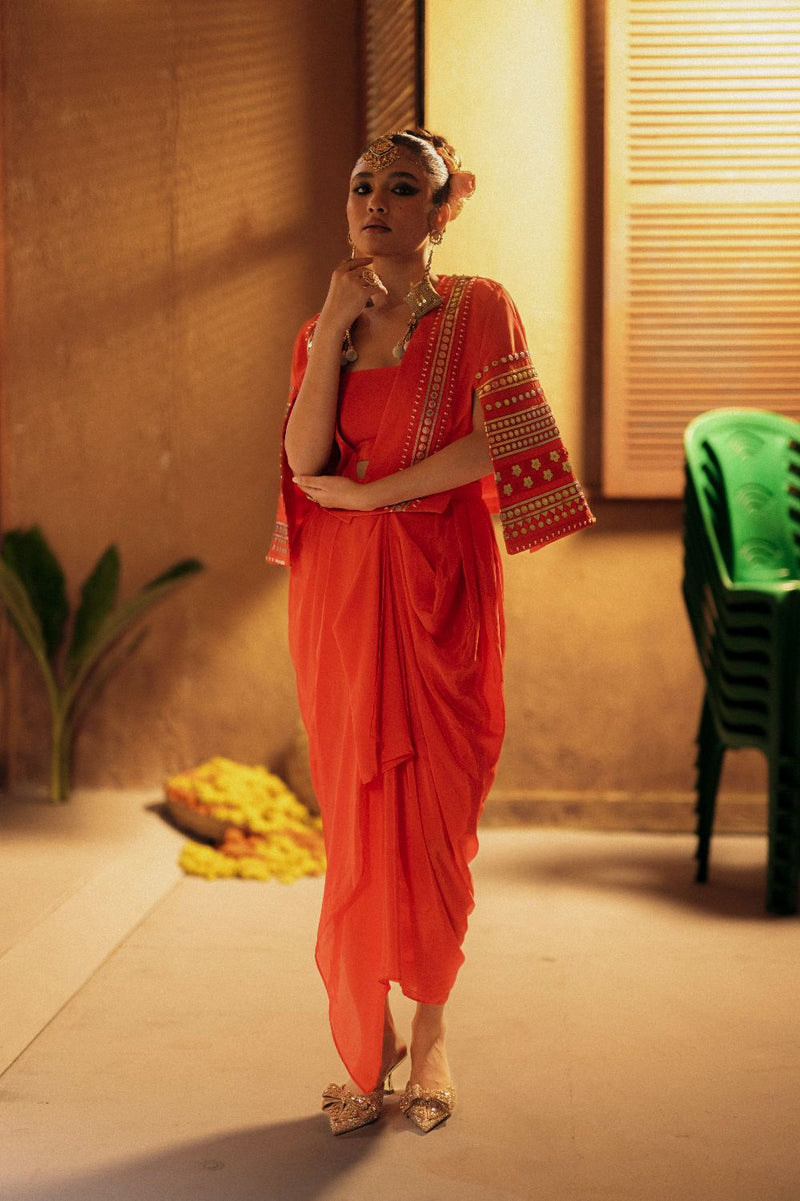 Ramani Crop Jacket Cape Set- Red silk by PRAHNAAYA in red color for women Worldwide