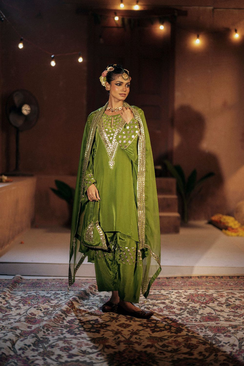 Sunira Asymmetrical Phool Choga Salwar & Dupatta Set- Mehendi silk by PRAHNAAYA for women Worldwide