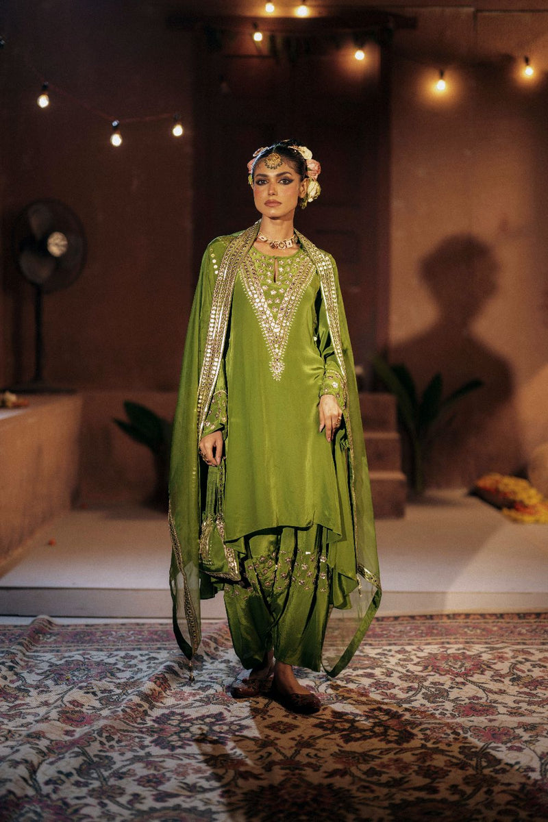 Sunira Asymmetrical Phool Choga Salwar & Dupatta Set- Mehendi silk by PRAHNAAYA for women Worldwide