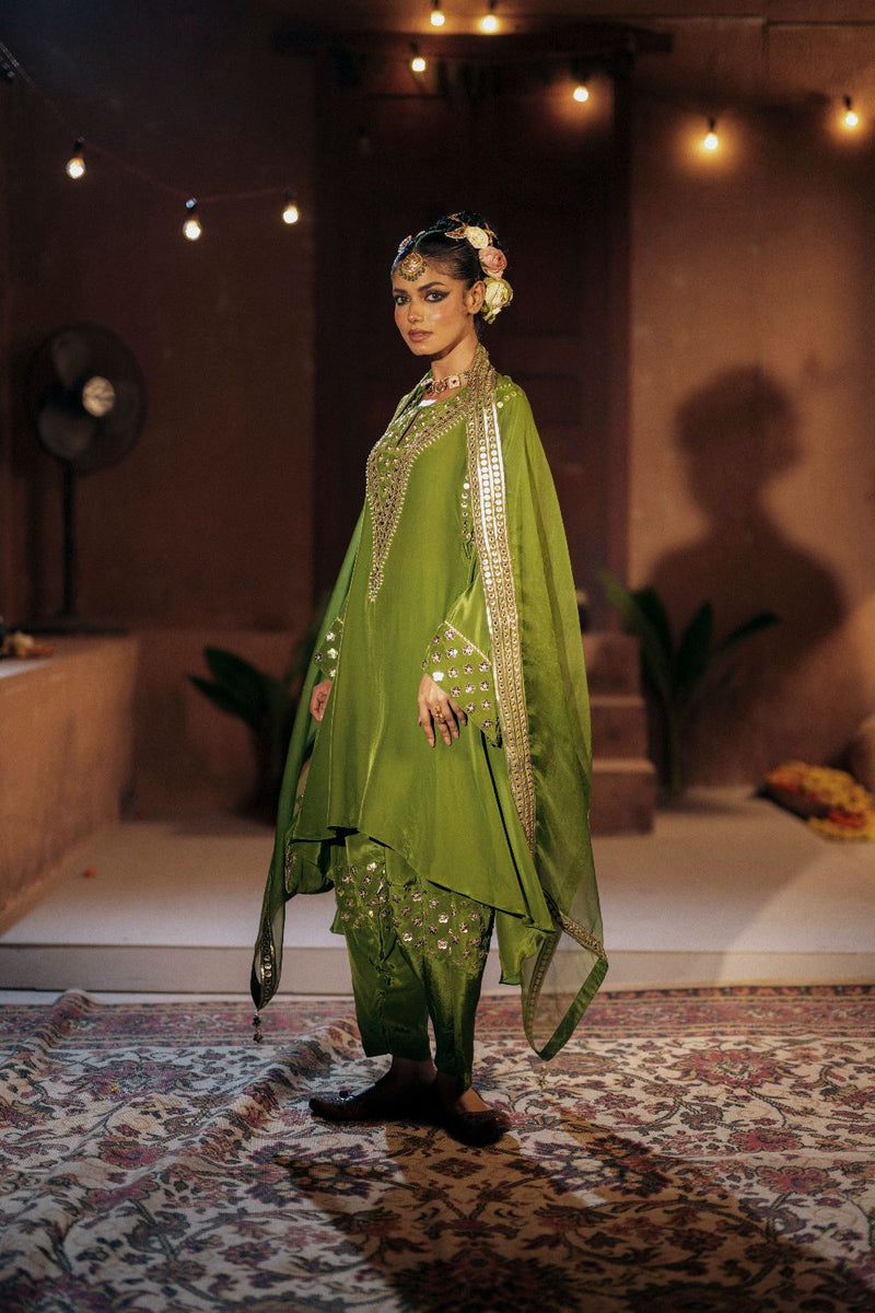 Sunira Asymmetrical Phool Choga Salwar & Dupatta Set- Mehendi silk by PRAHNAAYA for women Worldwide