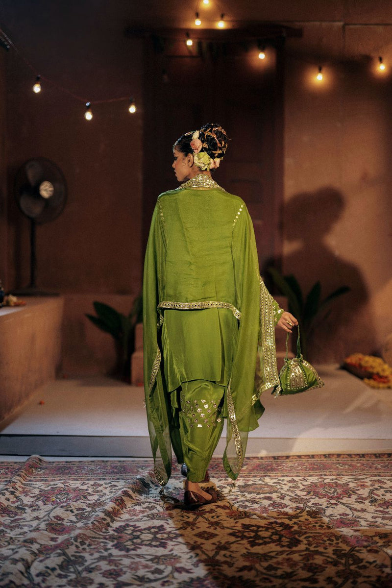 Sunira Asymmetrical Phool Choga Salwar & Dupatta Set- Mehendi silk by PRAHNAAYA for women Worldwide