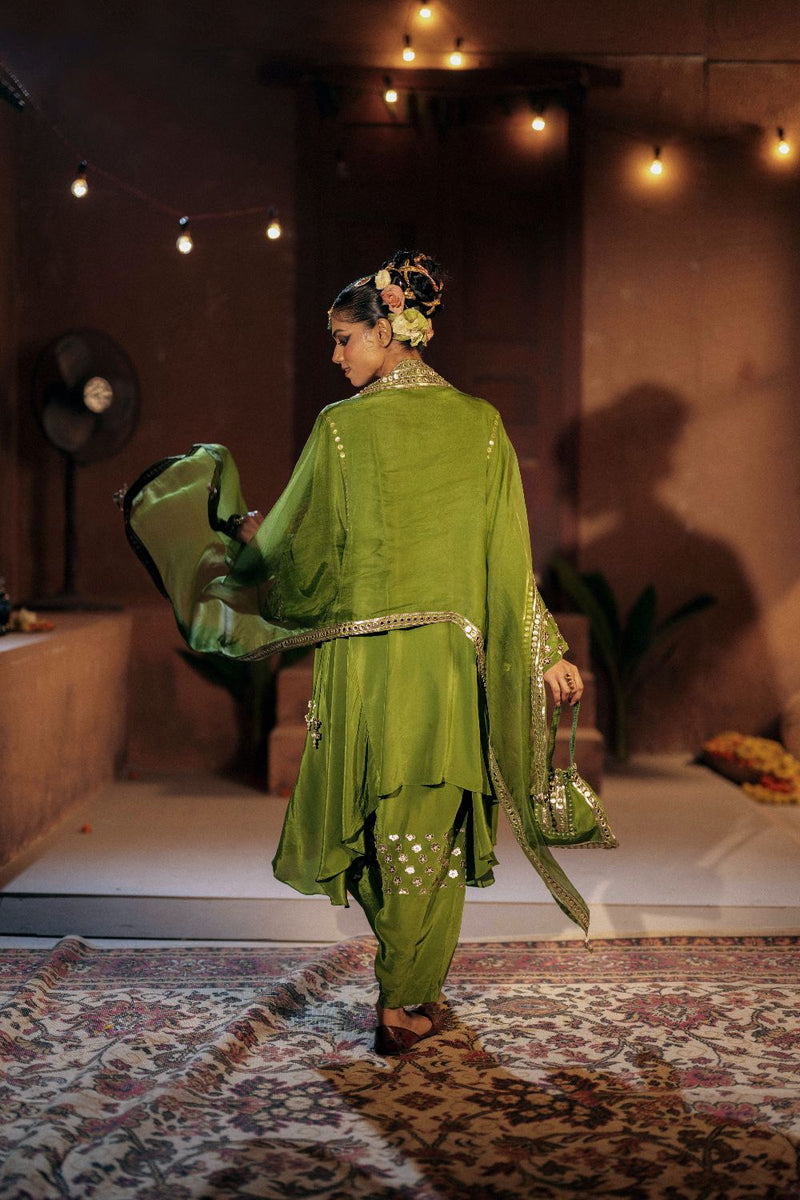 Sunira Asymmetrical Phool Choga Salwar & Dupatta Set- Mehendi silk by PRAHNAAYA for women Worldwide