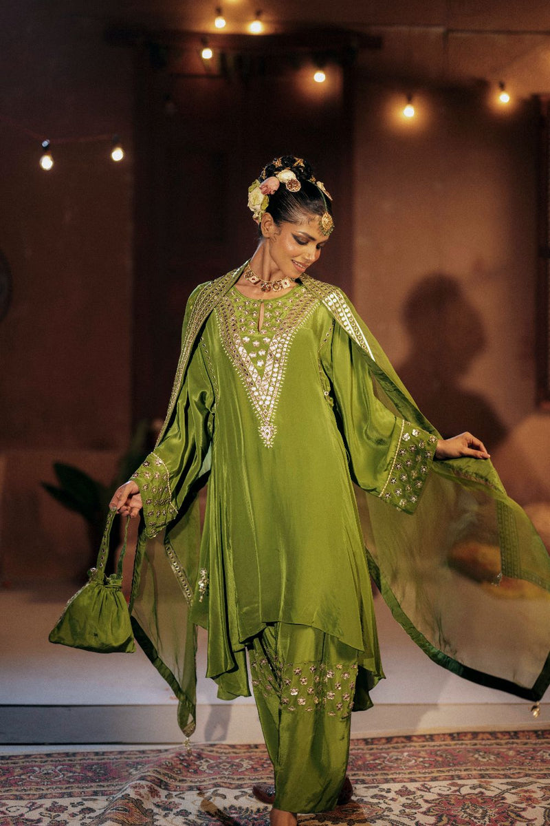 Sunira Asymmetrical Phool Choga Salwar & Dupatta Set- Mehendi silk by PRAHNAAYA for women Worldwide