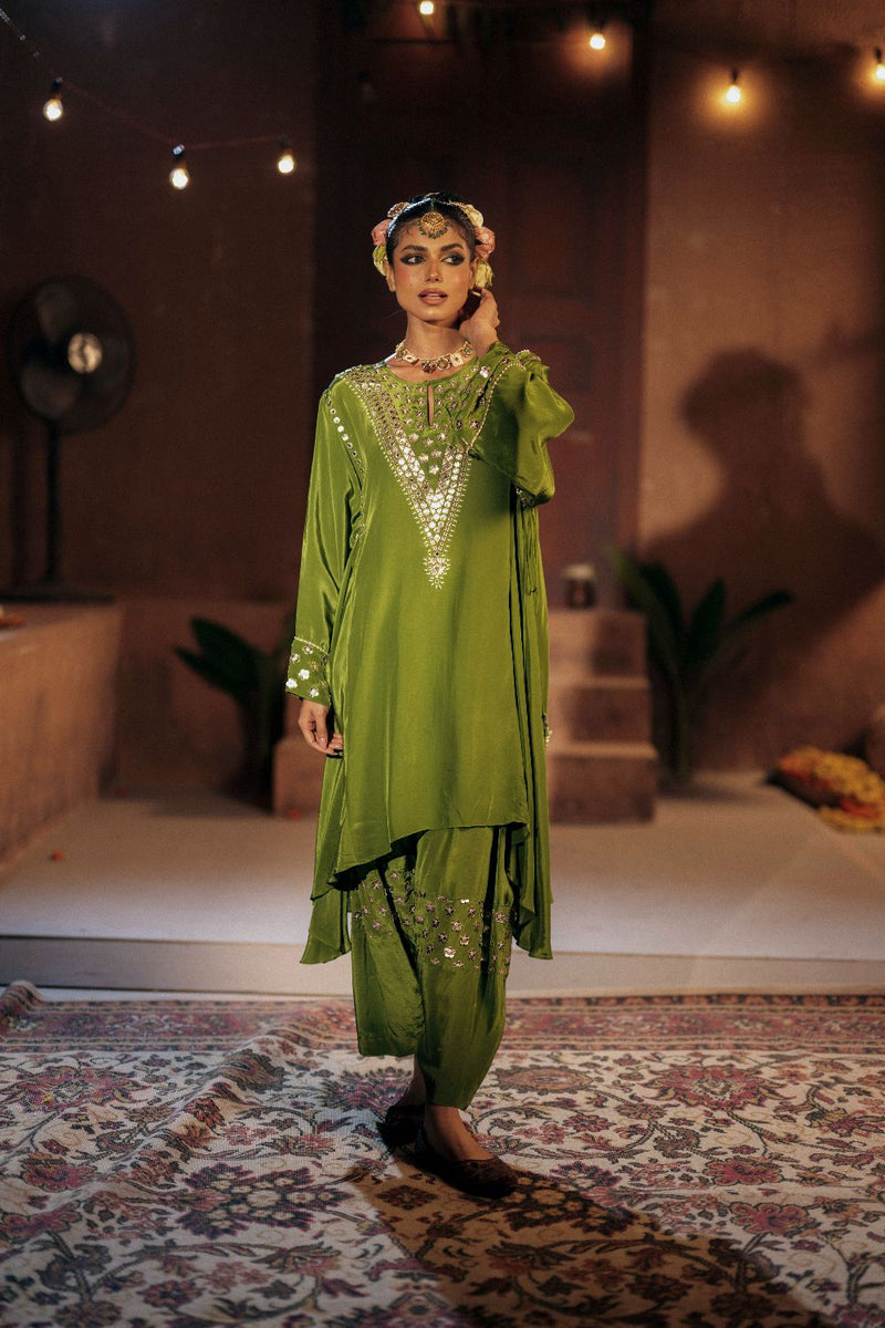 Sunira Asymmetrical Phool Choga Salwar & Dupatta Set- Mehendi silk by PRAHNAAYA for women Worldwide