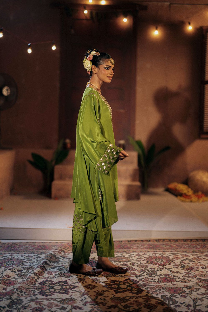 Sunira Asymmetrical Phool Choga Salwar & Dupatta Set- Mehendi silk by PRAHNAAYA for women Worldwide