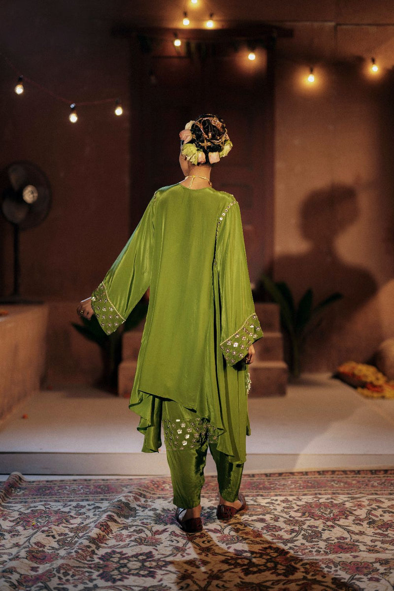 Sunira Asymmetrical Phool Choga Salwar & Dupatta Set- Mehendi silk by PRAHNAAYA for women Worldwide