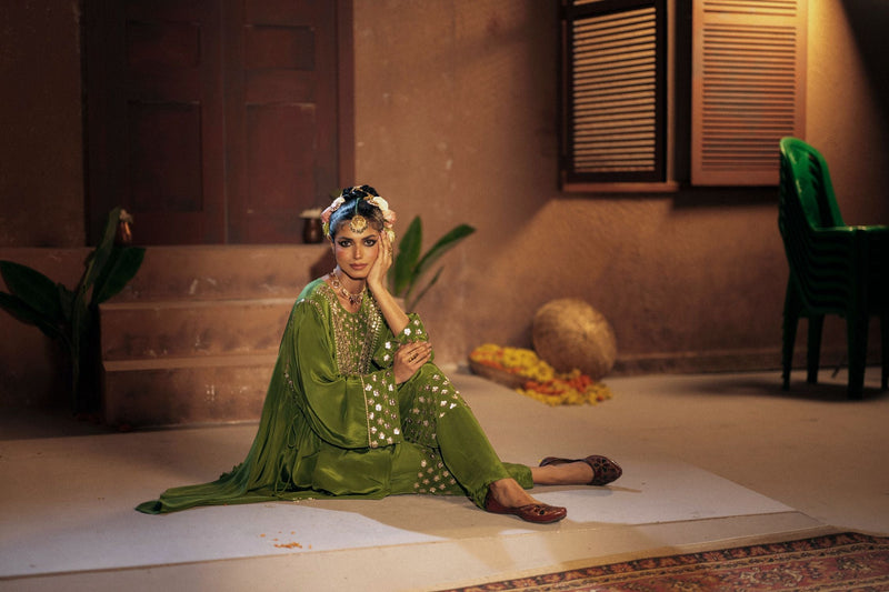 Sunira Asymmetrical Phool Choga Salwar & Dupatta Set- Mehendi silk by PRAHNAAYA for women Worldwide