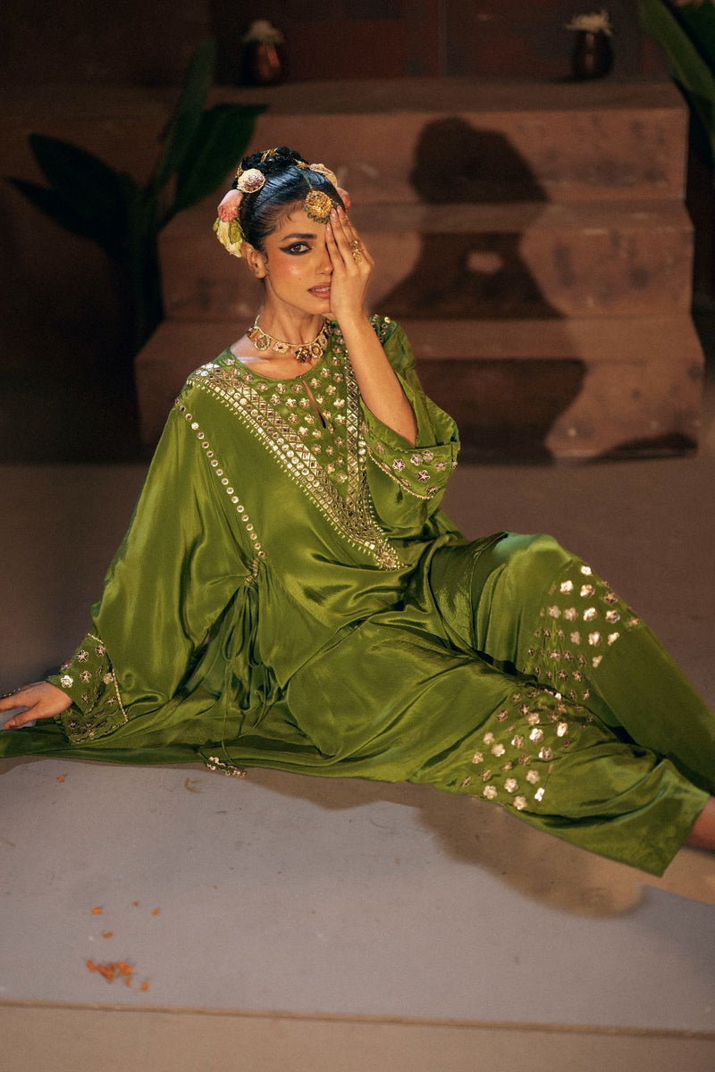 Sunira Asymmetrical Phool Choga Salwar & Dupatta Set- Mehendi silk by PRAHNAAYA for women Worldwide