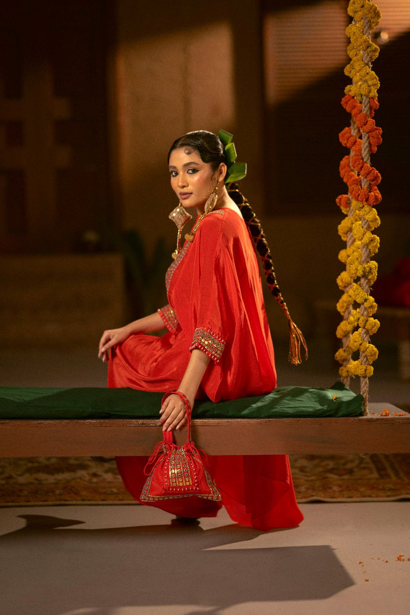 Ramani Red Chamak Potli- Red silk by PRAHNAAYA in red color for women Worldwide