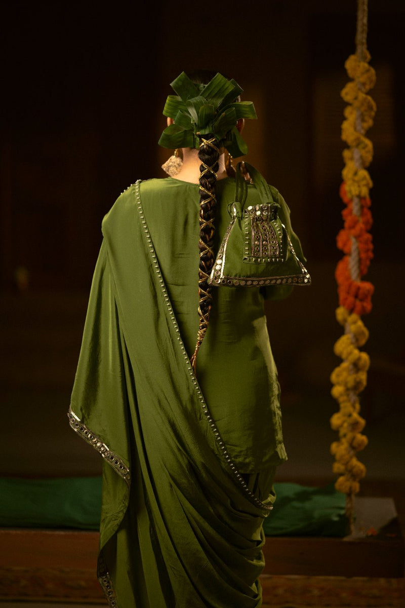 Sunira Green Chamak Potli- Mehendi silk by PRAHNAAYA for women Worldwide
