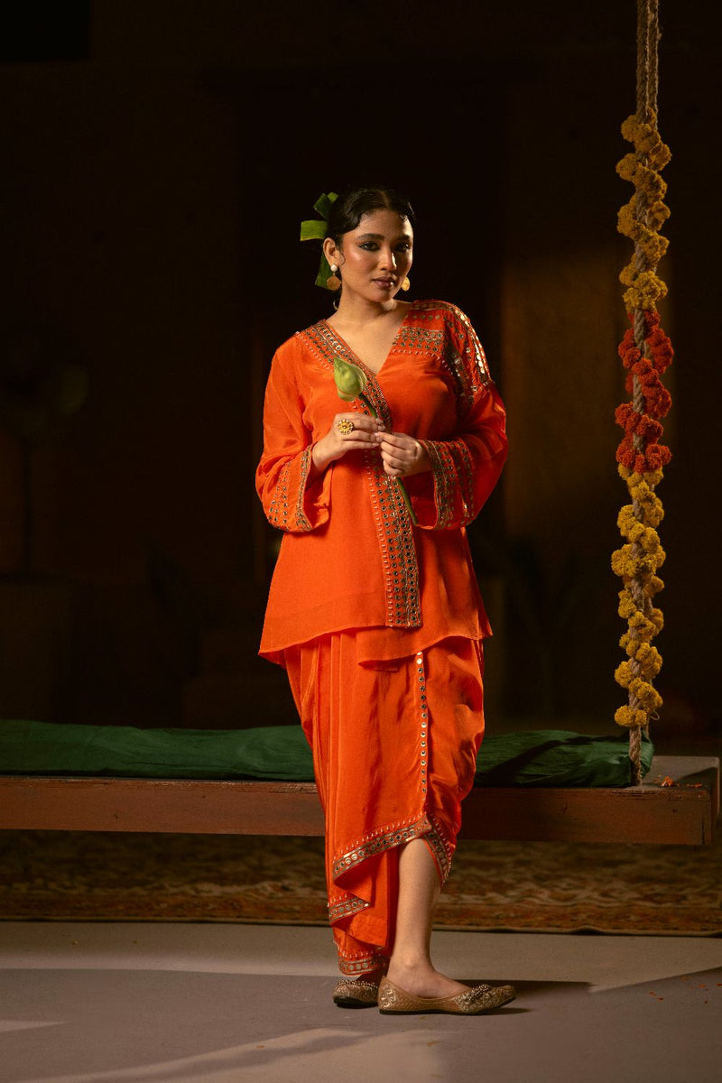 Mangala Tunic Jacket with pleated skirt- Orange silk by PRAHNAAYA in orange color for women Worldwide