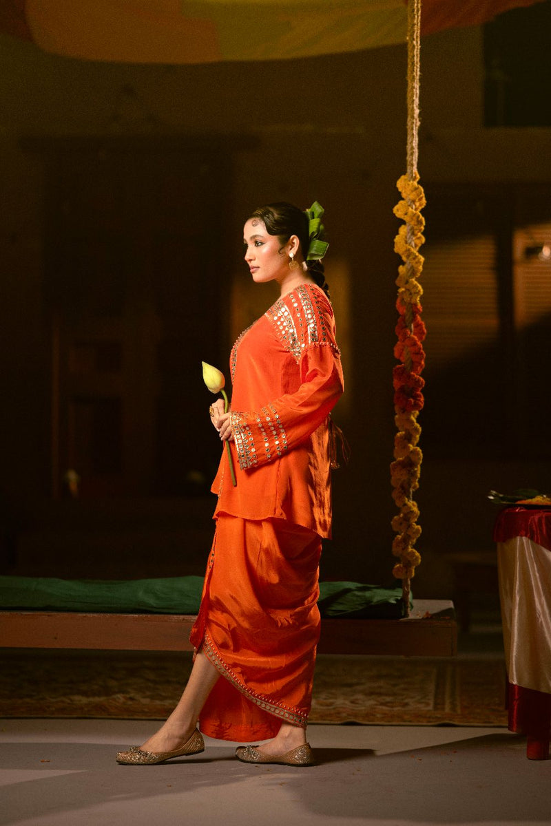 Mangala Tunic Jacket with pleated skirt- Orange silk by PRAHNAAYA in orange color for women Worldwide