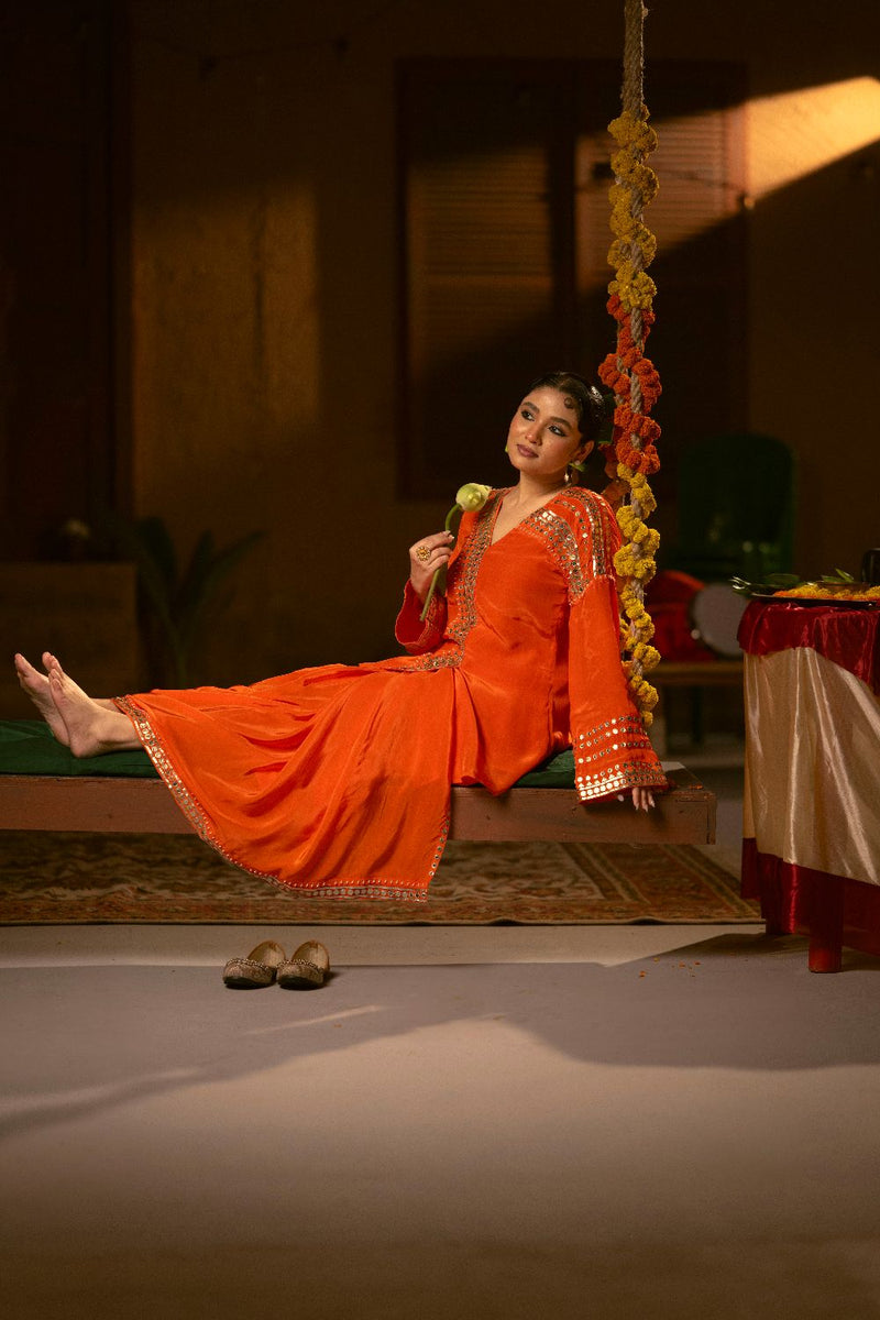 Mangala Tunic Jacket with pleated skirt- Orange silk by PRAHNAAYA in orange color for women Worldwide