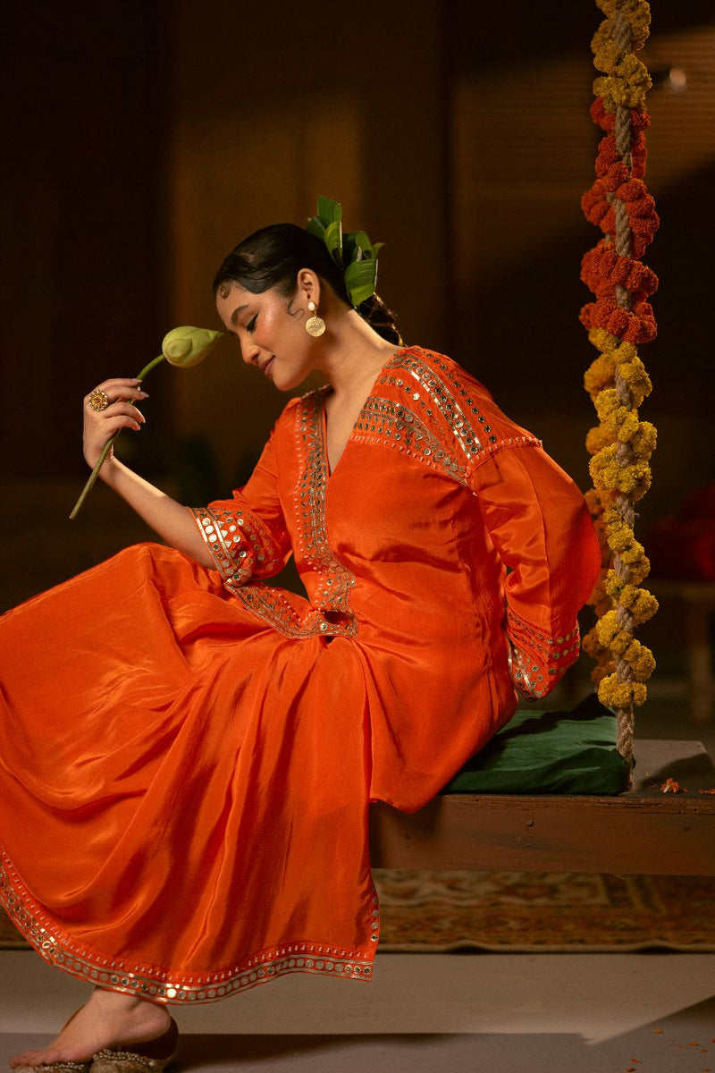 Mangala Tunic Jacket with pleated skirt- Orange silk by PRAHNAAYA in orange color for women Worldwide