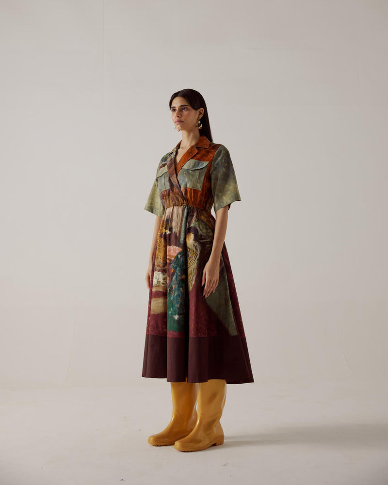 Print Blocked Dress-High Tea cotton by CORD in multi for women Worldwide