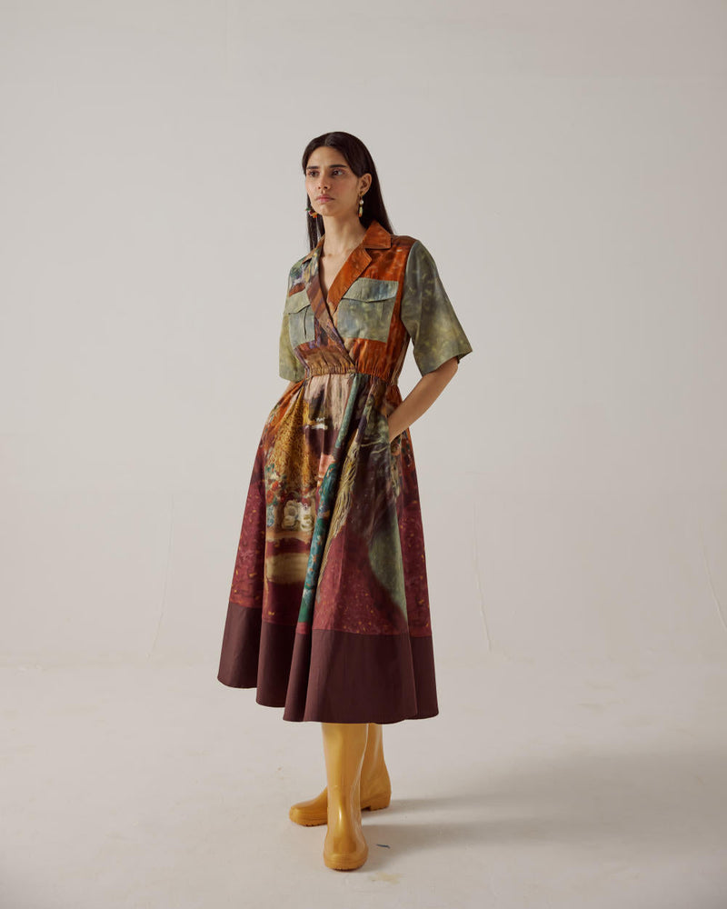 Print Blocked Dress-High Tea cotton by CORD in multi for women Worldwide