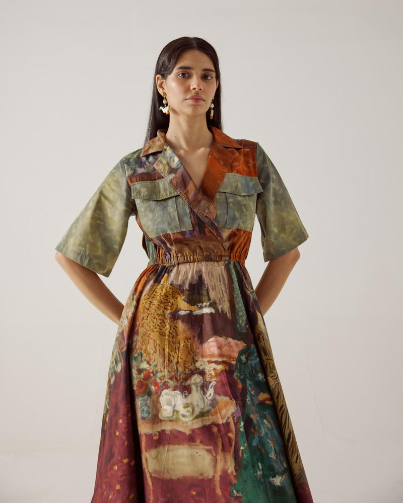 Print Blocked Dress-High Tea cotton by CORD in multi for women Worldwide