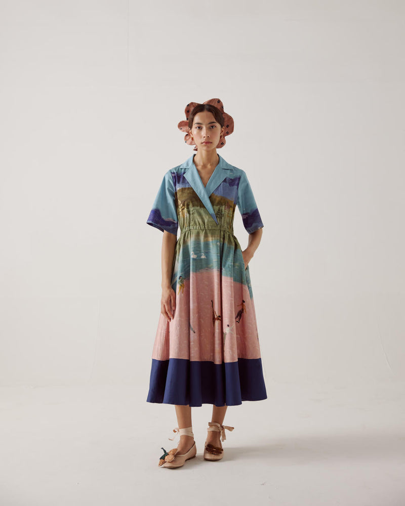 Print Blocked Dress-Skater cotton by CORD in multi for women Worldwide