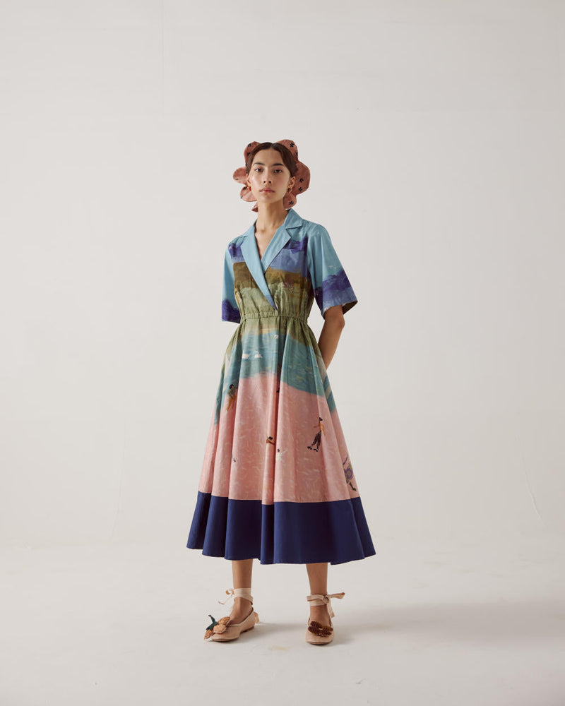 Print Blocked Dress-Skater cotton by CORD in multi for women Worldwide