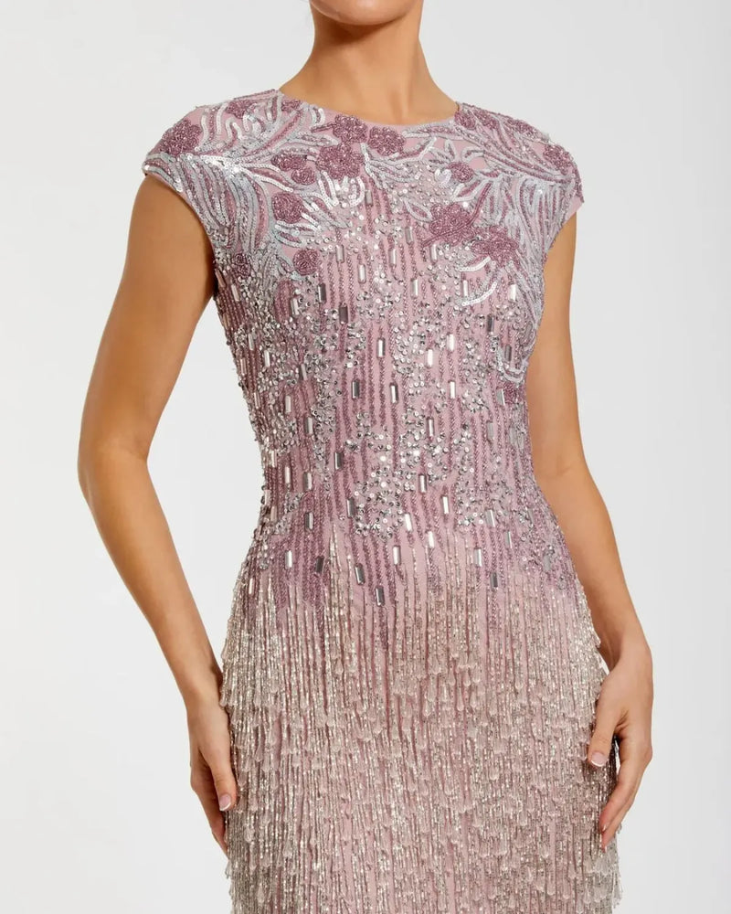 Purple Embellished Cap Sleeve Gown With Fringe Beading by Mac Duggal for women Worldwide