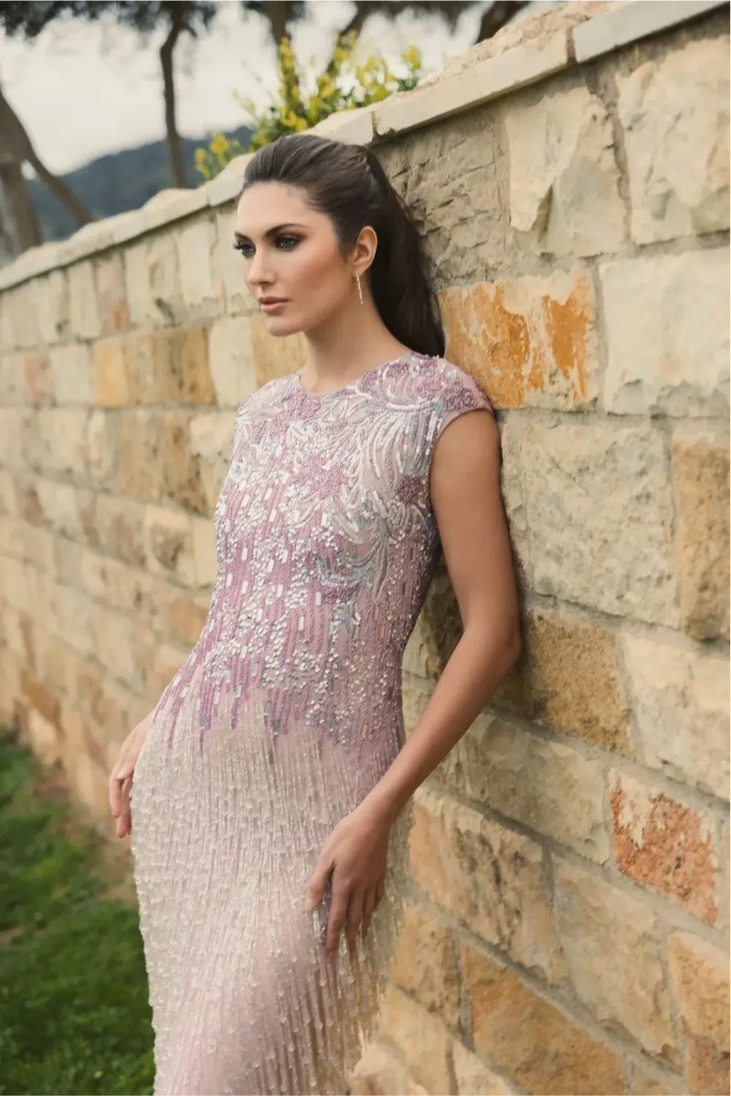 Purple Embellished Cap Sleeve Gown With Fringe Beading by Mac Duggal for women Worldwide