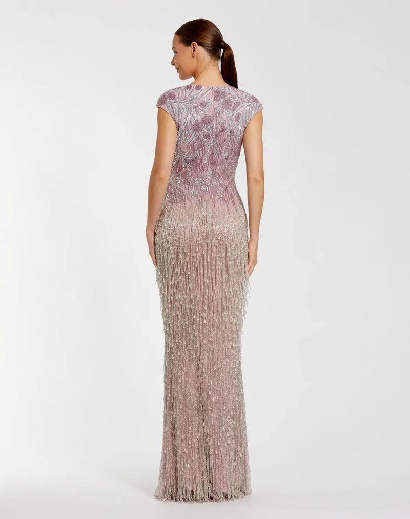 Purple Embellished Cap Sleeve Gown With Fringe Beading by Mac Duggal for women Worldwide