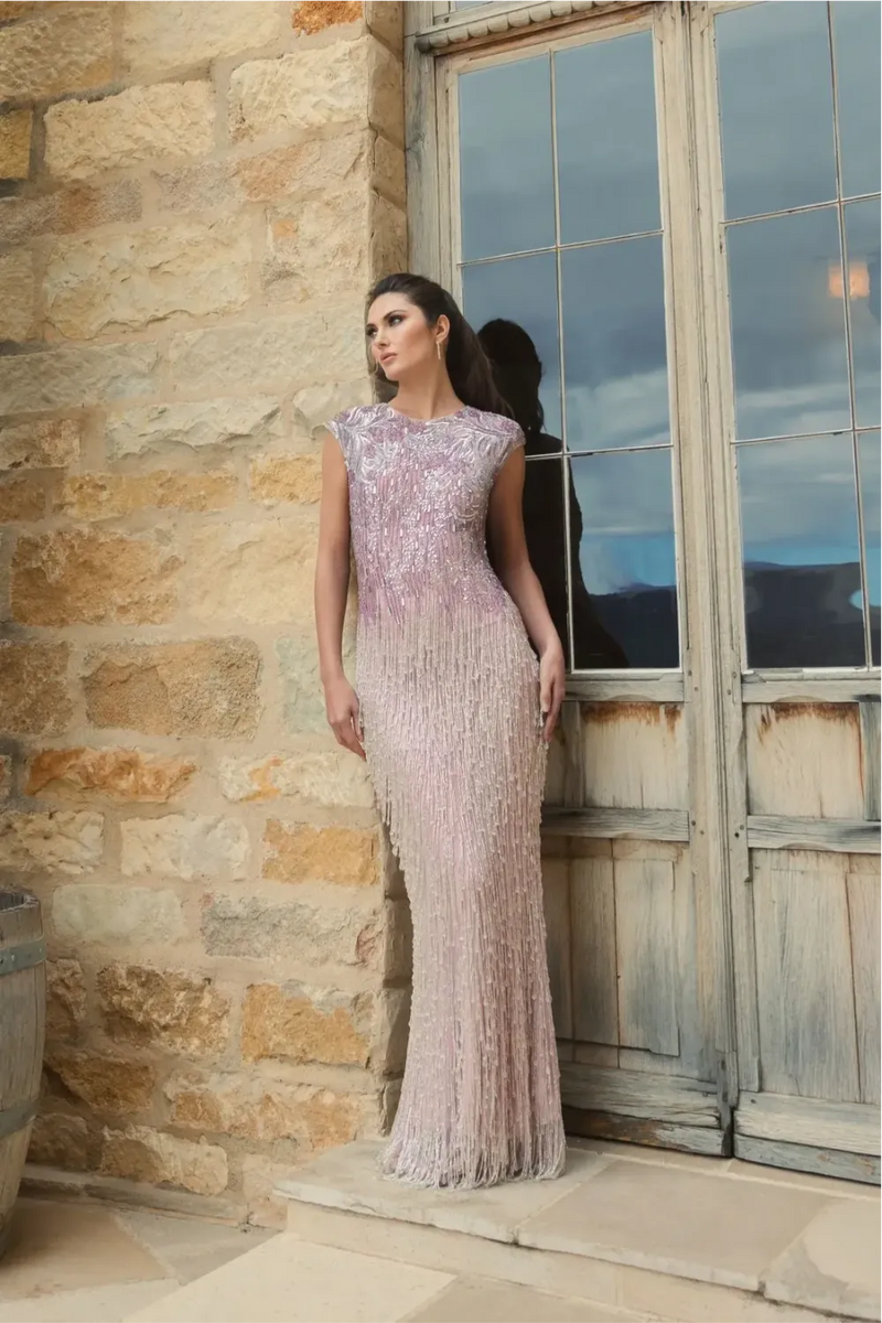 Purple Embellished Cap Sleeve Gown With Fringe Beading by Mac Duggal for women Worldwide