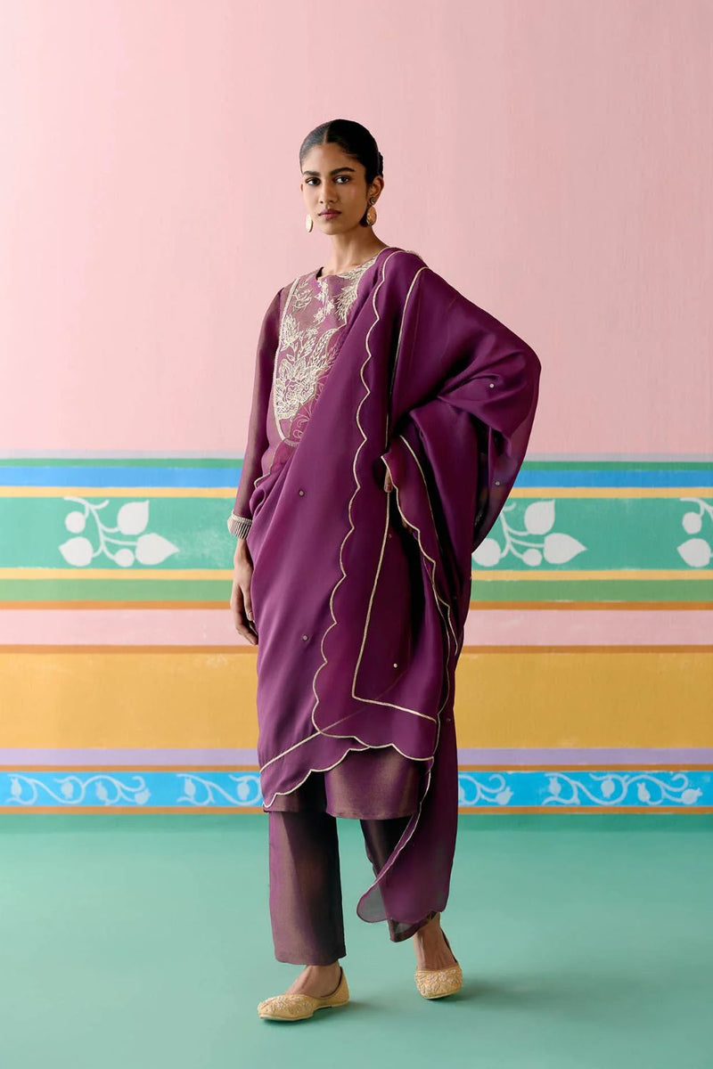 Purple Embroidered Kurta Set tissue by Label Mogra in purple color for women Worldwide
