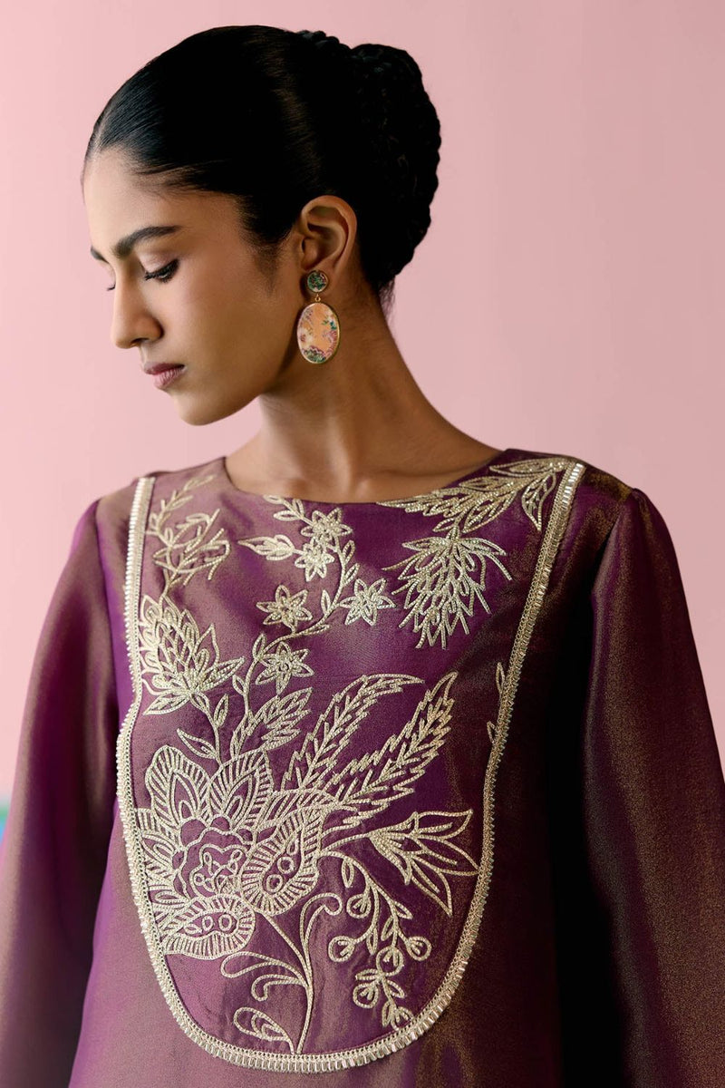 Purple Embroidered Kurta Set tissue by Label Mogra in purple color for women Worldwide