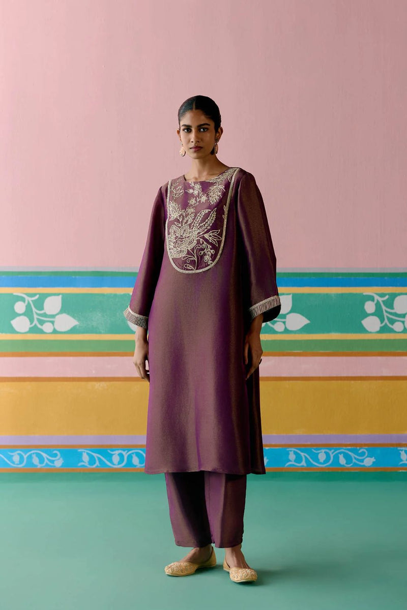 Purple Embroidered Kurta Set tissue by Label Mogra in purple color for women Worldwide