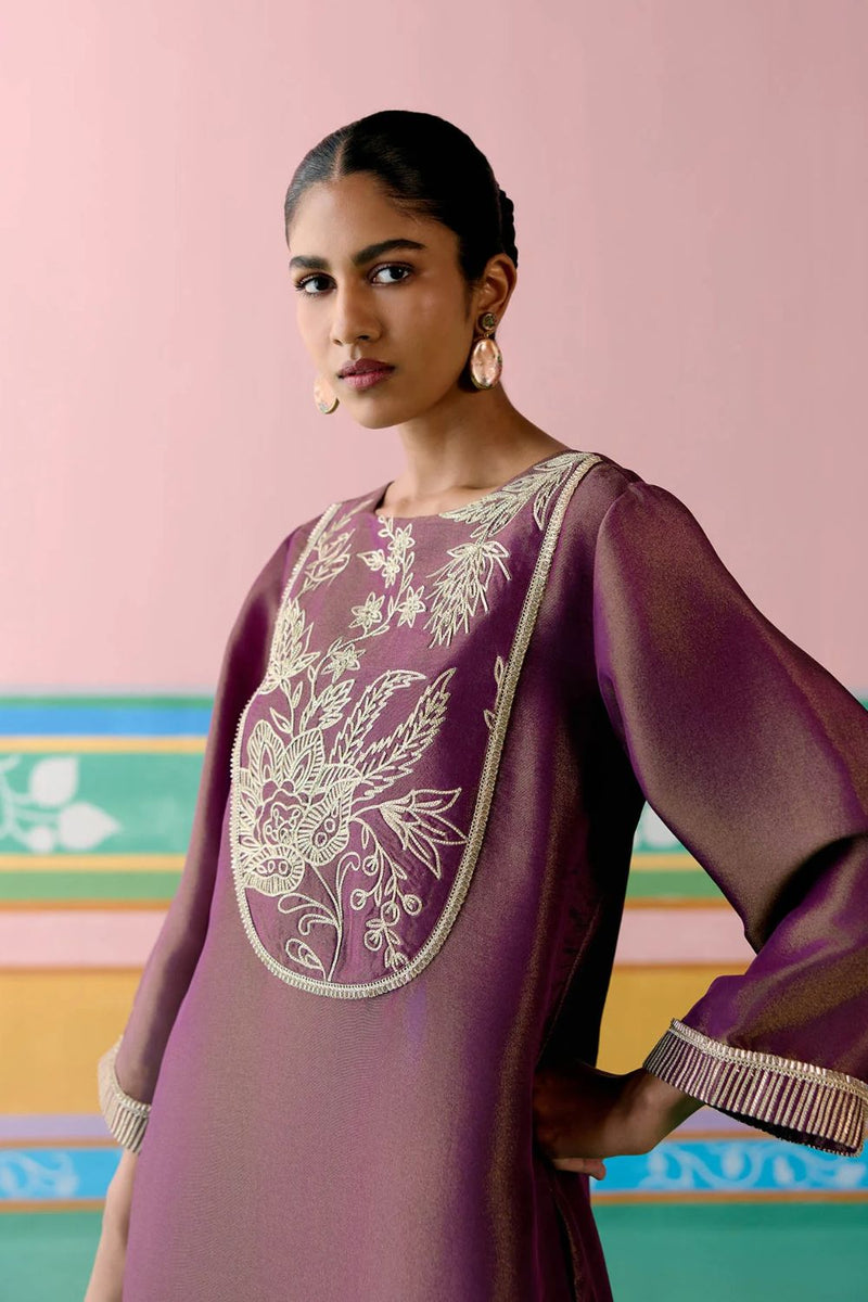 Purple Embroidered Kurta Set tissue by Label Mogra in purple color for women Worldwide