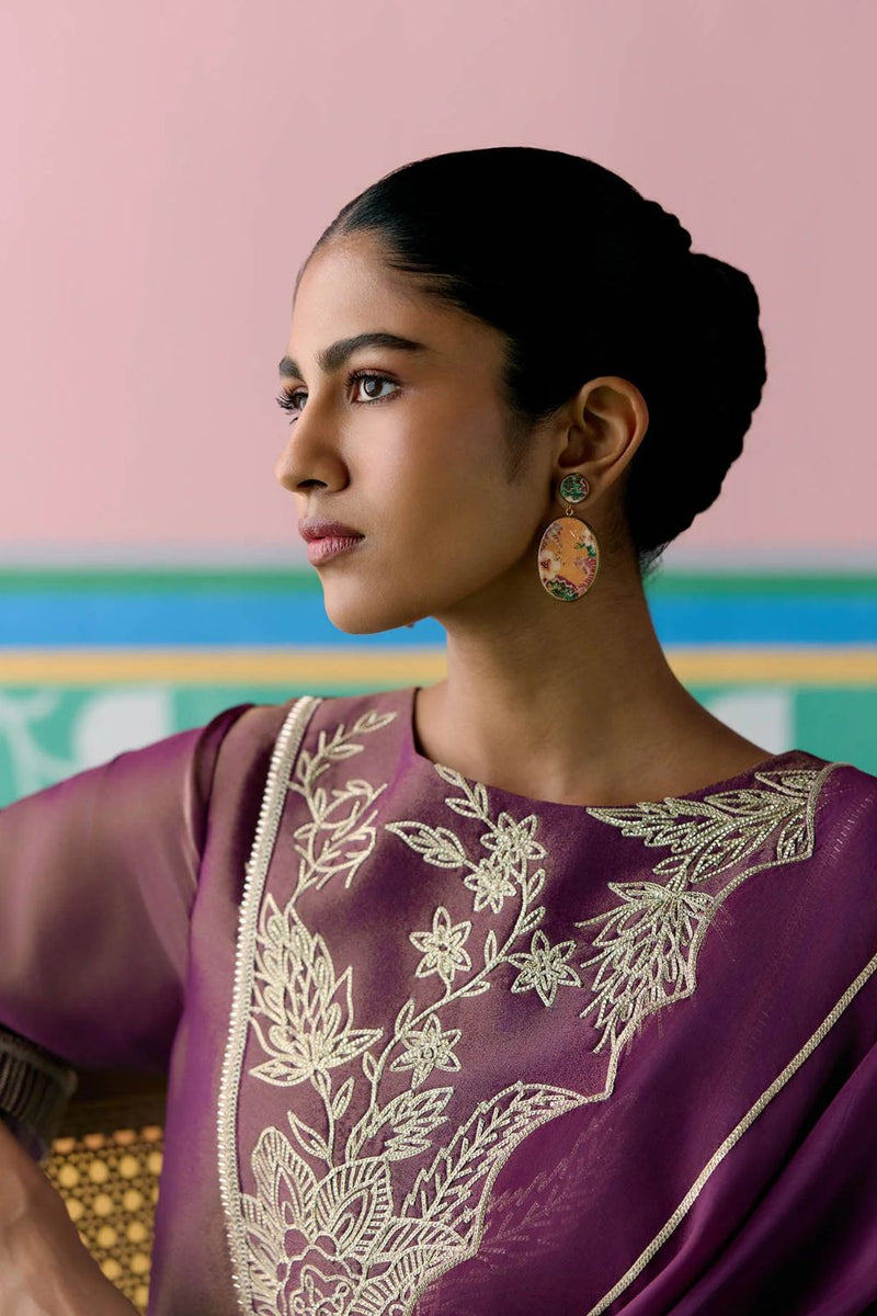 Purple Embroidered Kurta Set tissue by Label Mogra in purple color for women Worldwide