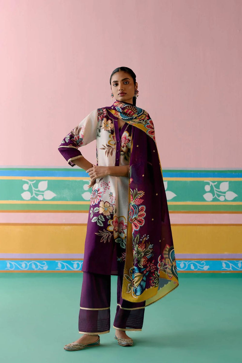 Purple Floral V-neck Kurta Set chanderi by Label Mogra in purple color for women Worldwide